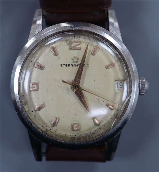 A gentlemans steel Eterna-Matic manual wind wrist watch, with date aperture,